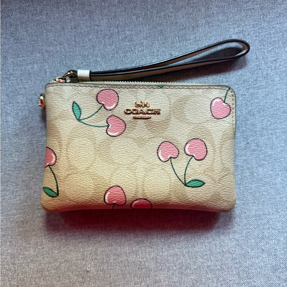 Coach Cherry Print Wristlet in Beige and Pink